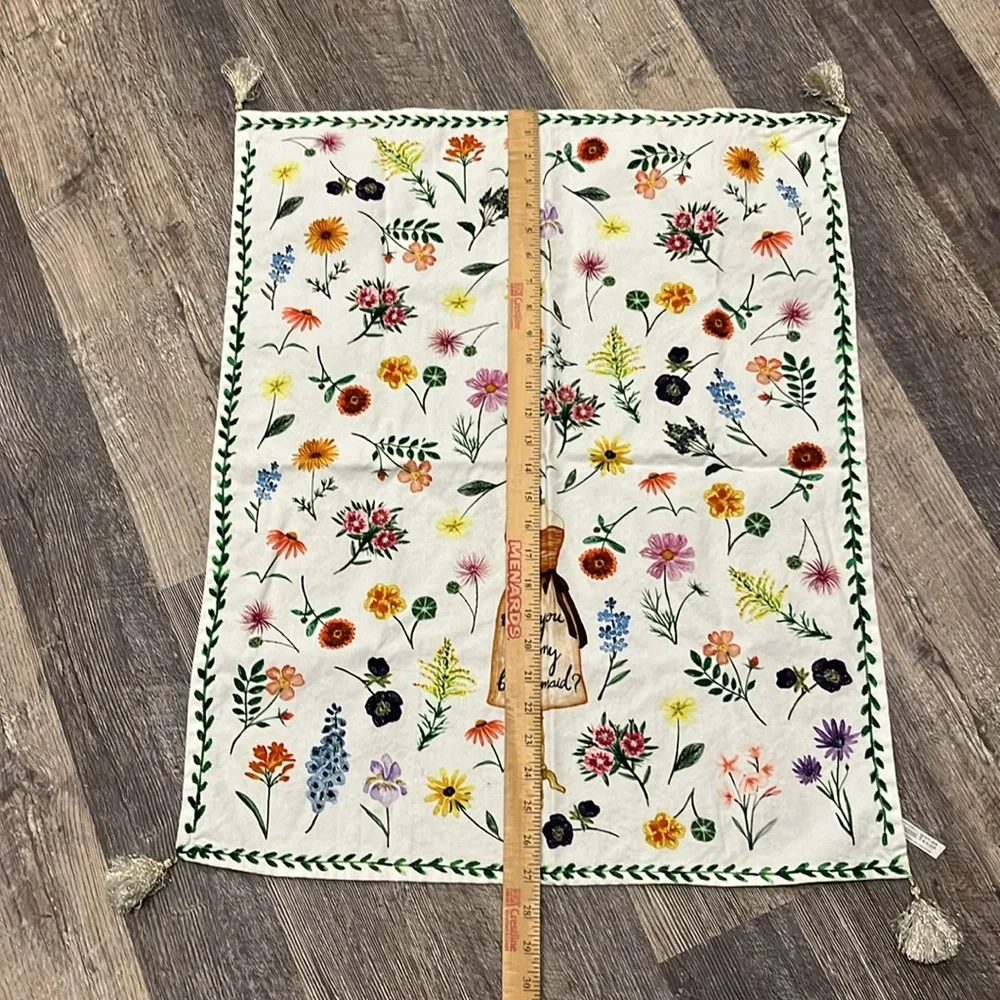 Anthropologie Floral Tea Towel Cotton  Gold Tassels